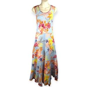 Vasna Tropical Floral Midi Dress Cotton Sleeveless Pockets Trapeze Blue Swing M